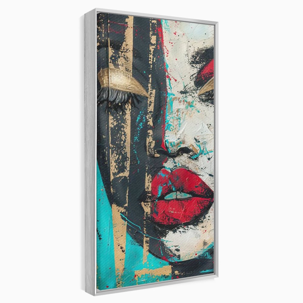 Tablou canvas cu tablou canvas cu portret avangardist, in rama de aluminiu argintiu